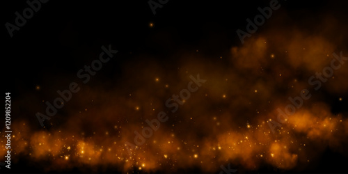 Fantastic smoke background. Magic smoke with glitter and small particles of shimmering stars, fog with glowing particles, golden vapour with stardust. Vector illustration.	