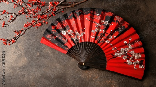 Red Japanese Fan With Floral Blossom Branch On Dark Moody Background photo