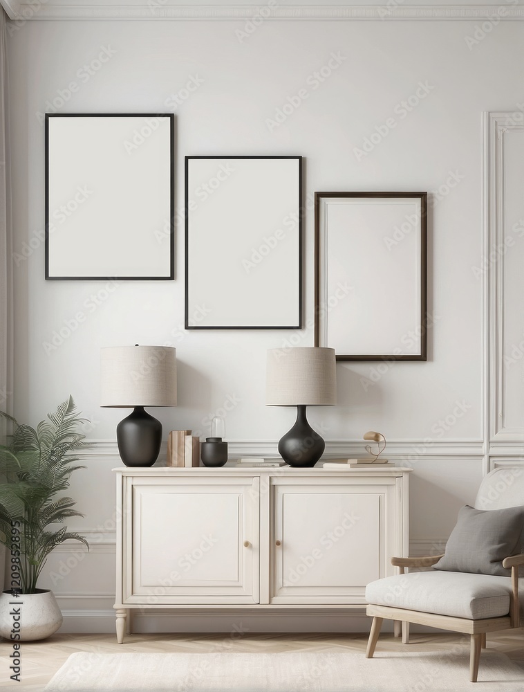 White composition of creative living room interior with elegant cupboard, blank poster frame White composition of creative living room interior with elegant cupboard, blank poster frame