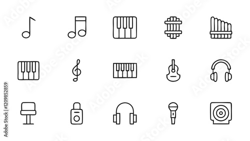 Set of Music Icons Including Pan Flute, Piano, and Guitar