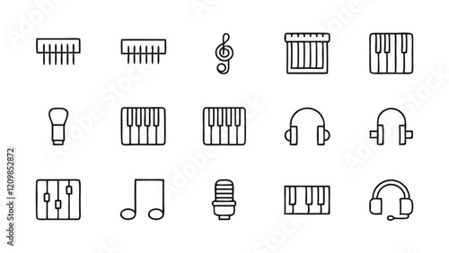 Set of Music Icons Including Pan Flute, Piano, and Guitar