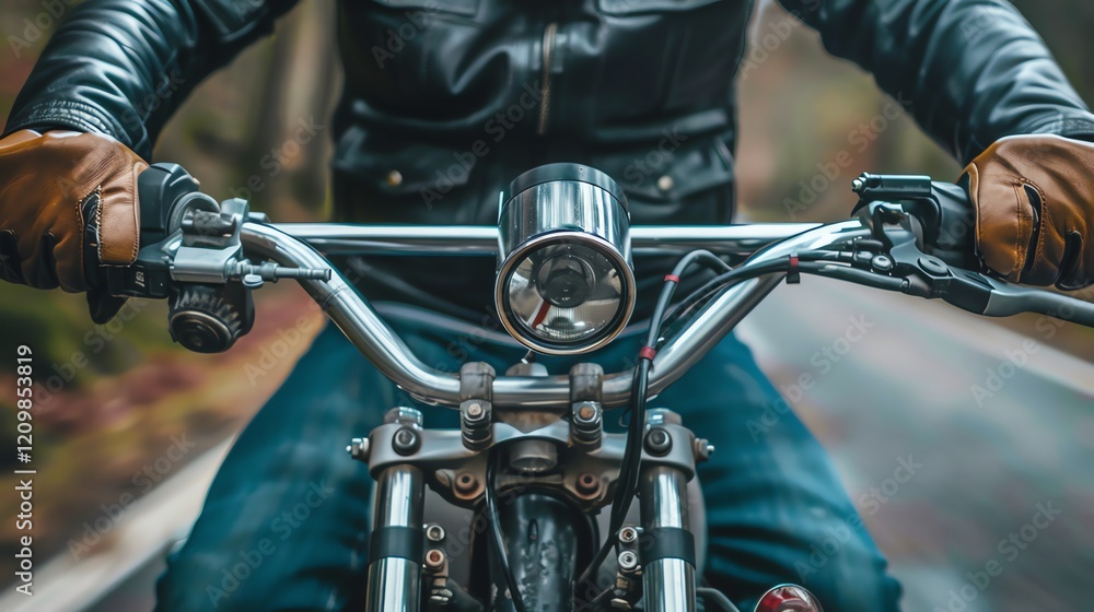 A close-up view of a motorcycle rider's hands on the handlebars. A close-up view of a motorcycle rider's hands on the handlebars.