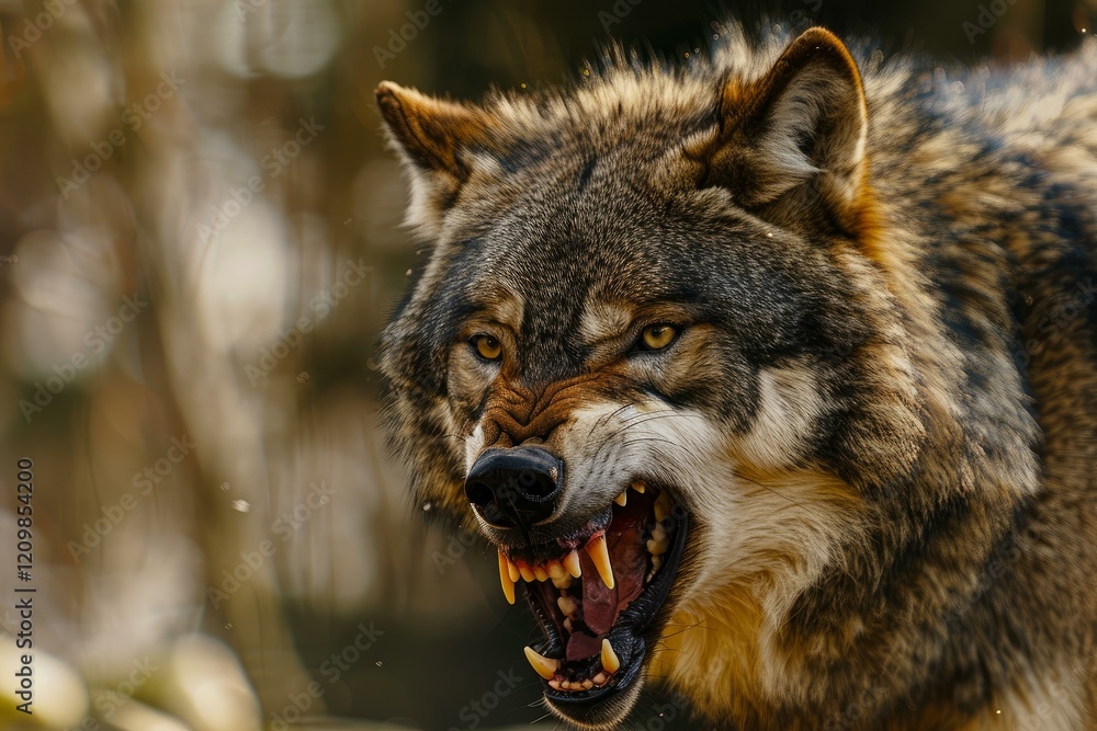Obraz premium Eurasian wolf showing teeth and snarling in the forest