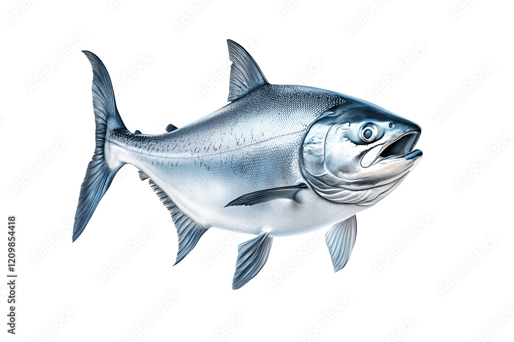 Obraz premium Raw salmon fish with detailed fins and scales, isolated on white transparent background, concept of marine life.