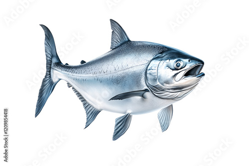 Raw salmon fish with detailed fins and scales, isolated on white transparent background, concept of marine life. photo