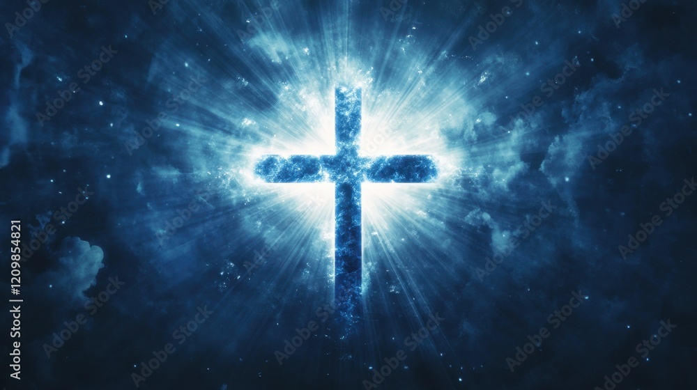 Glowing Cross Radiating Light Against a Dark Heavenly Background Glowing Cross Radiating Light Against a Dark Heavenly Background