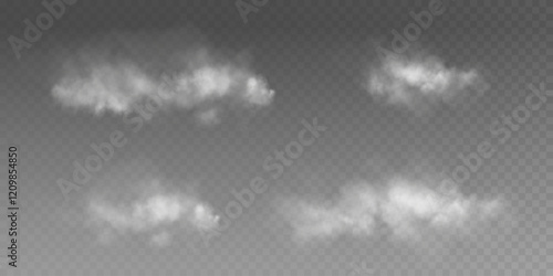 Fog or smoke, white smog clouds on floor, isolated transparent special effect. Vector illustration, morning fog over land or water surface, magic haze.	