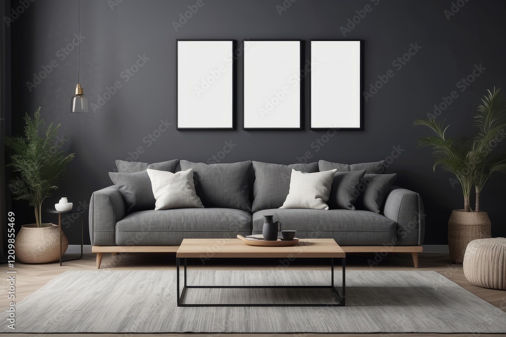 Fototapeta premium living room interior, blank poster frame, modular sofa, wooden coffee table, pillows, Charcoal wall