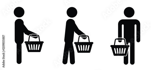 People are shopping, purchase. supermarket basket or cart. Shopping basket or containing bag. Buy and sale in supermarket, self service. Shopkeeper icon. Empty hand bag. Shopping baskets logo.