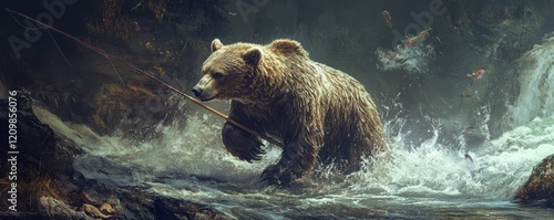 A powerful bear fishing for salmon in a rushing river. photo