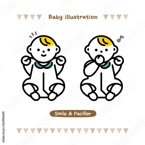いろんな表情の赤ちゃんのイラスト。ご機嫌な表情と指しゃぶりをする赤ちゃん