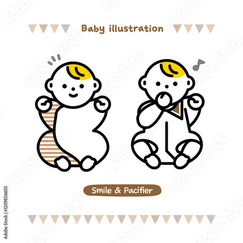 いろんな表情の赤ちゃんのイラスト。ご機嫌な表情と指しゃぶりをする赤ちゃん