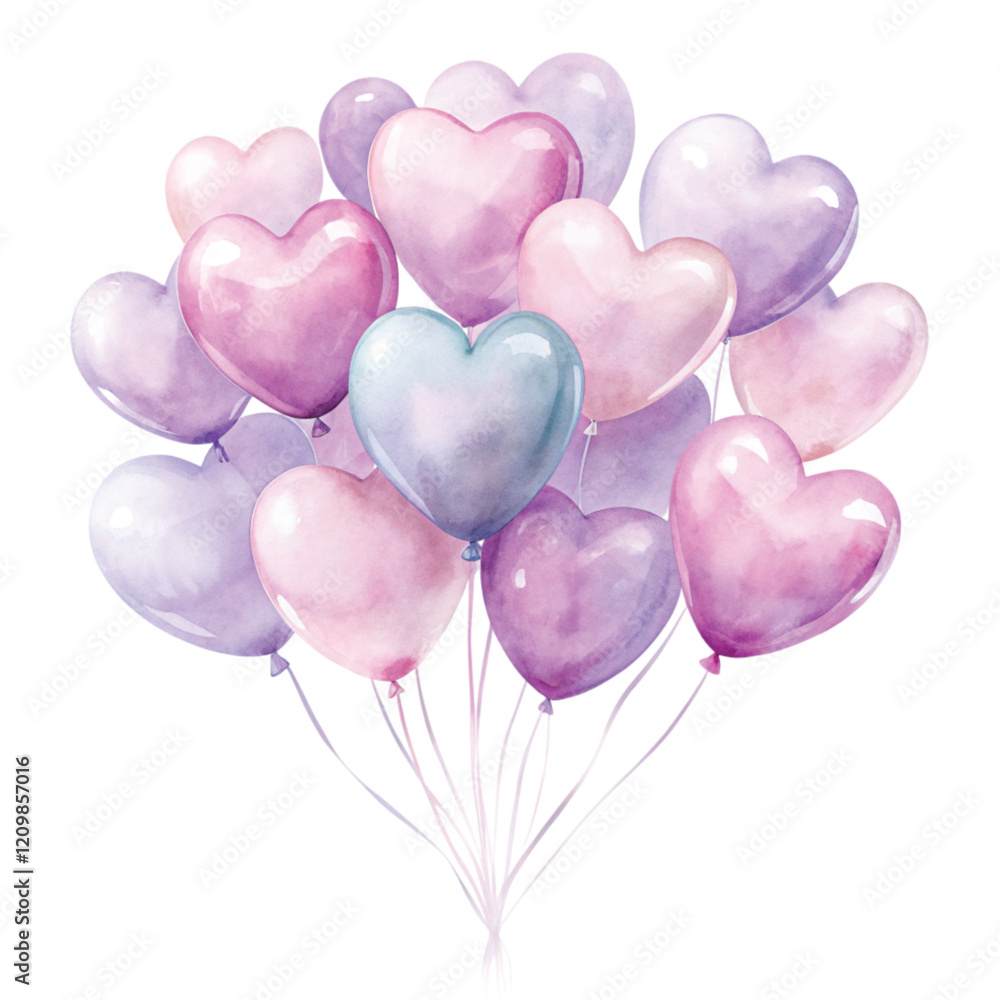 Heart shaped balloons for Valentine's Day and Mother's Day. Illustration with watercolor and marker. Decoration element for birthday, anniversary Heart shaped balloons for Valentine's Day and Mother's Day. Illustration with watercolor and marker. Decoration element for birthday, anniversary
