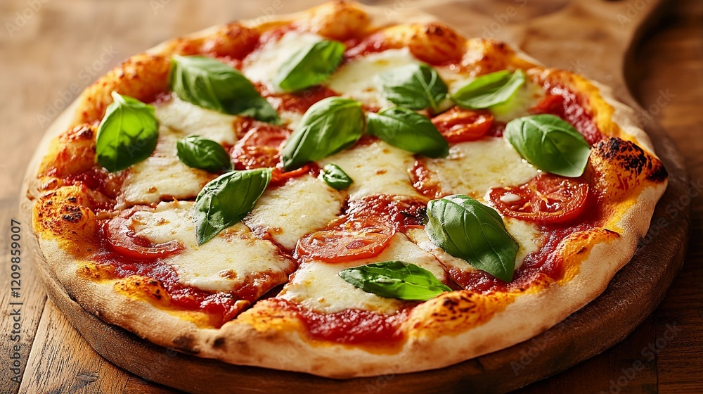 freshly baked Neapolitan pizza with melted mozzarella, vibrant tomato sauce, fresh basil leaves, and a crispy charred crust, shot in natural lighting freshly baked Neapolitan pizza with melted mozzarella, vibrant tomato sauce, fresh basil leaves, and a crispy charred crust, shot in natural lighting