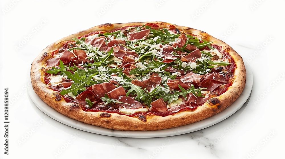 Neapolitan pizza topped with prosciutto, arugula, and shaved Parmesan cheese, displayed on a marble counter with elegant plating Neapolitan pizza topped with prosciutto, arugula, and shaved Parmesan cheese, displayed on a marble counter with elegant plating
