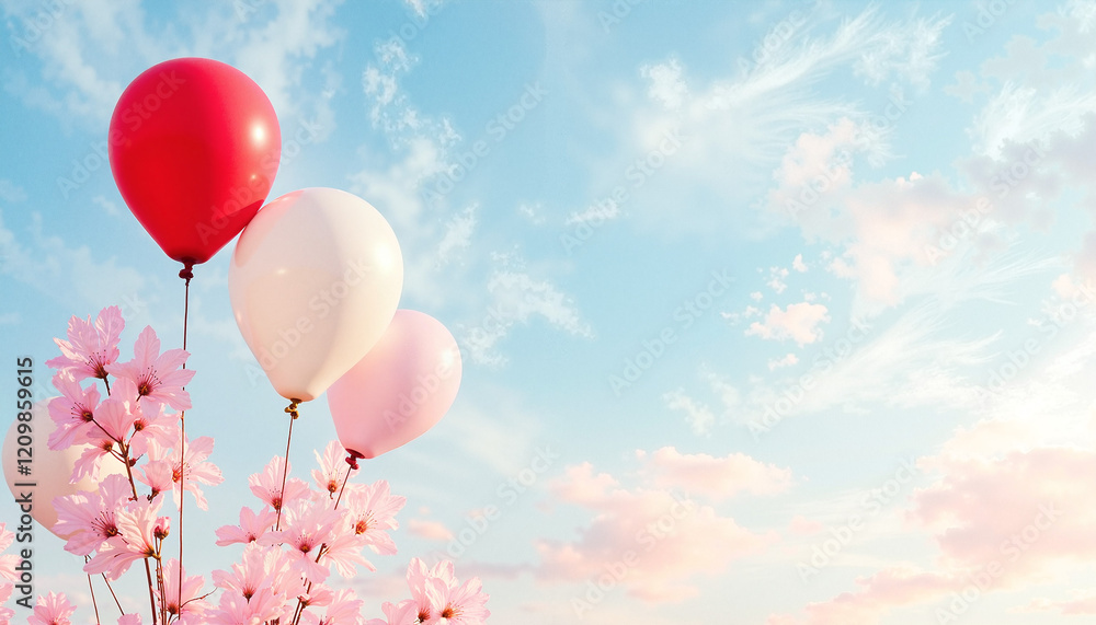 Colorful Balloons and Blossoms Against a Beautiful Sky Copy Space Colorful Balloons and Blossoms Against a Beautiful Sky Copy Space