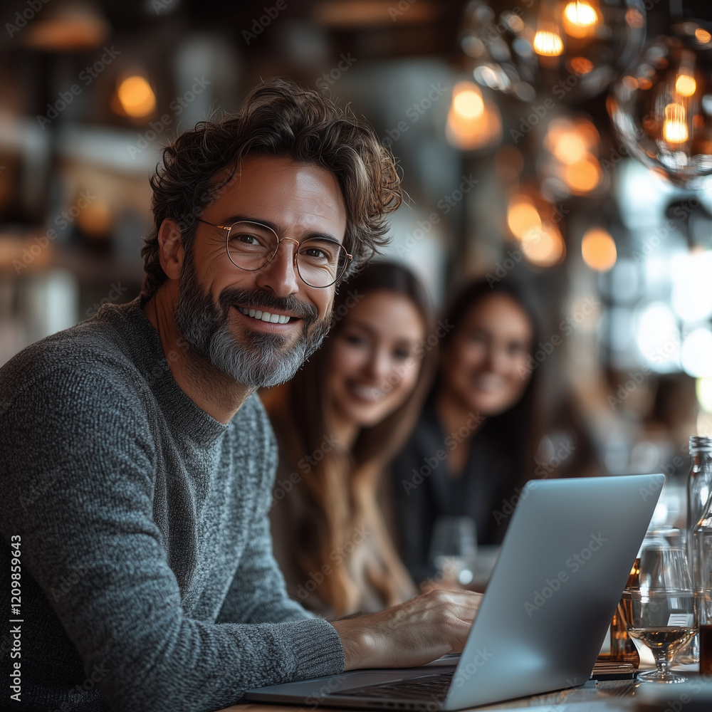 Team gathered around a laptop, presenting project progress to a smiling manager. Bright lighting, contrast