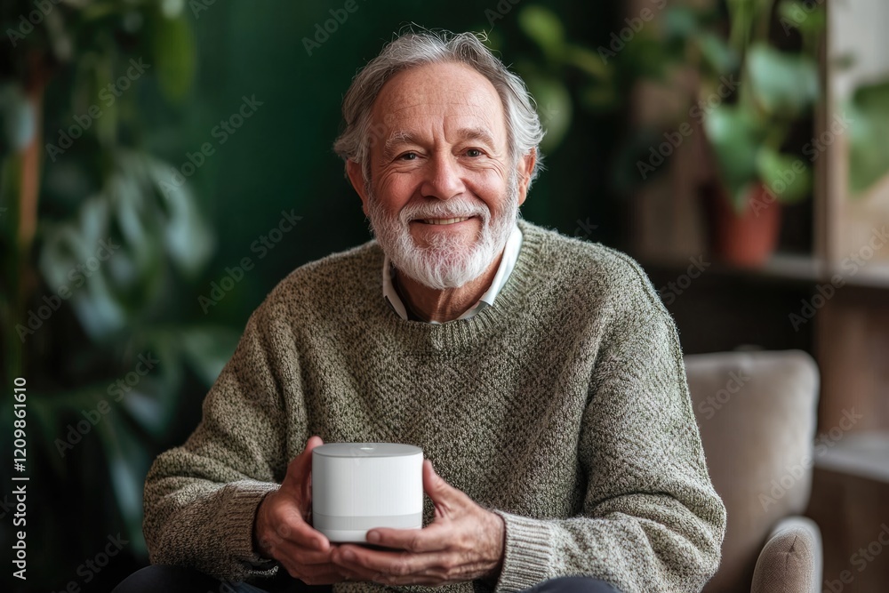 A smiling senior man holding a smart speaker, enjoying technology in a cozy home setting. A smiling senior man holding a smart speaker, enjoying technology in a cozy home setting.
