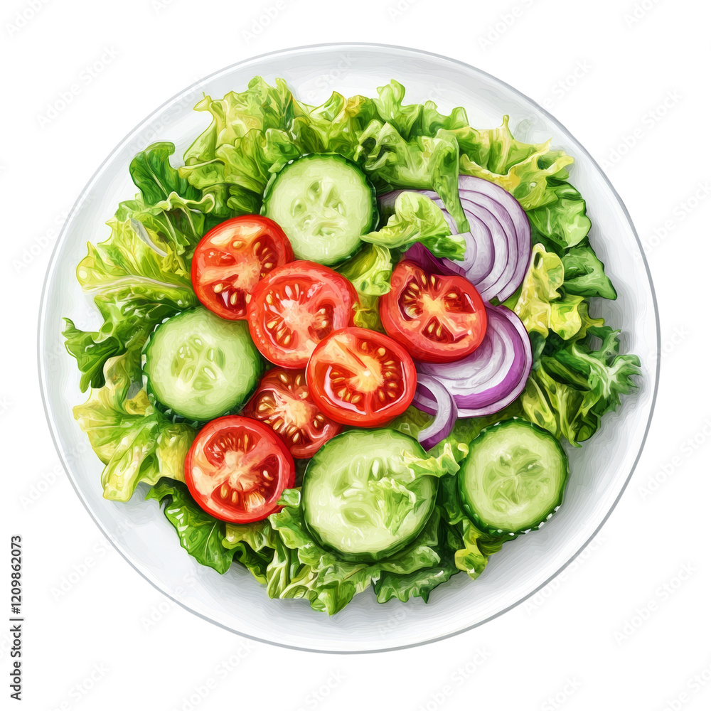 A vibrant garden salad featuring sliced tomatoes cucumbers red onions and fresh lettuce served on a white plate. A vibrant garden salad featuring sliced tomatoes cucumbers red onions and fresh lettuce served on a white plate.