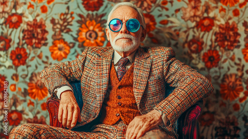 An elderly man dressed in 60s style tweed suit with colourful round glasses sitting against the wall with patterned floral print Surreal male portrait photo