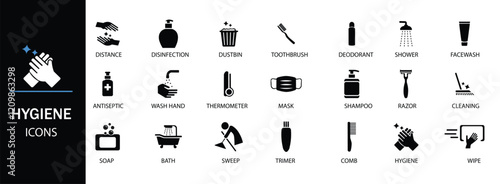 Hygiene icon set. Showcasing intricately designed representations of cleaning, disinfection, soap, bathing, sweep, shower, washing hands, clean and sanitation icons. Cleanliness concept. 