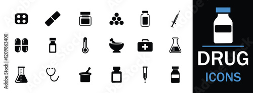 Drugs icon set. Featuring detailed illustrations of pills, alcohol, cannabis, cocaine, GHB, drug dealer, LSD, ecstasy and more. A well-organized collection of adaptable solid vector icons