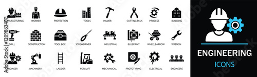 Engineering icon set. Containing blueprint, engineer, tools, mechanical, industrial, worker, engine, manufacturing and machinery icons. A well-organized collection of adaptable solid vector icons