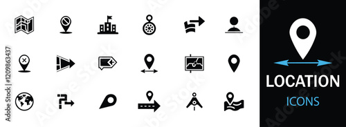 Location icon set. Featuring map, map pin, GPS ,destination, directions, distance, place, navigation and address icons. 
A well-organized collection of adaptable solid vector icons