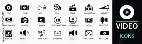 Video icon set. Showcasing intricately designed representations of camera, play, pause, media, online video, live, production, player, movie and cinema icons. Solid icon collection.