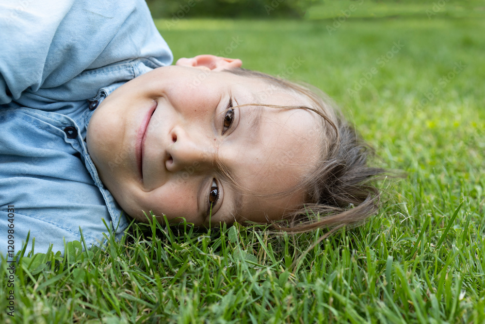 close-up of the cute face of an 8 year old boy lying on the grass. joy of childhood, positive. Hello summer, energy of nature. Earth Day close-up of the cute face of an 8 year old boy lying on the grass. joy of childhood, positive. Hello summer, energy of nature. Earth Day