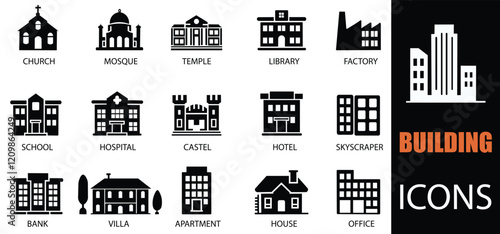 Building icon set. Showcasing intricately designed representations of house, office, bank, school, hotel, shop, university and hospital icons. A well organized collection of adaptable solid icons