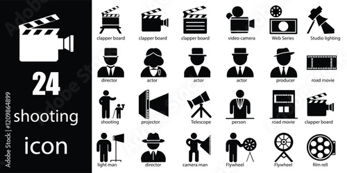 Shooting set icon. Showcasing intricately designed representations of Film shooting, film player, 1 to 10, projector, camera, seconds, old film, video, slideshow. Movie concept. solid vector icons