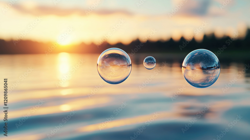 Delicate Bubbles Floating Gently Above a Tranquil Lake at Sunrise Delicate Bubbles Floating Gently Above a Tranquil Lake at Sunrise