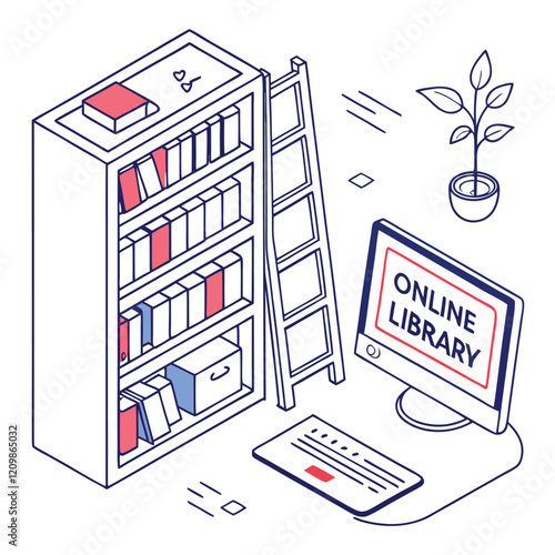 Isometric illustration of an online library concept.