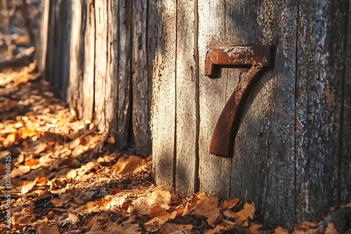 A rusty metal number seven adorns a weathered wooden wall amidst fallen autumn leaves, evoking a sense of nostalgia.