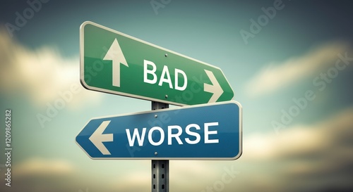 Directional signs indicating bad and worse choices in life