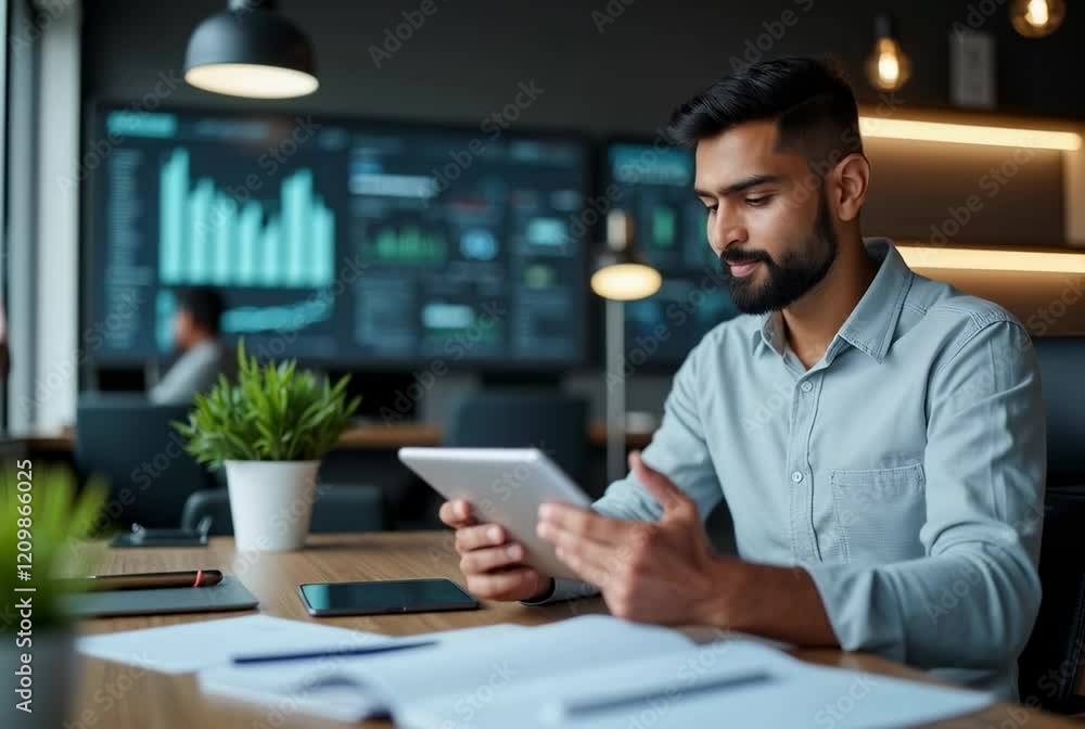 custom made wallpaper toronto digitalModern Businessman Engaged in Data Analysis on Digital Tablet in Contemporary Office with Charts and Graphs Displayed