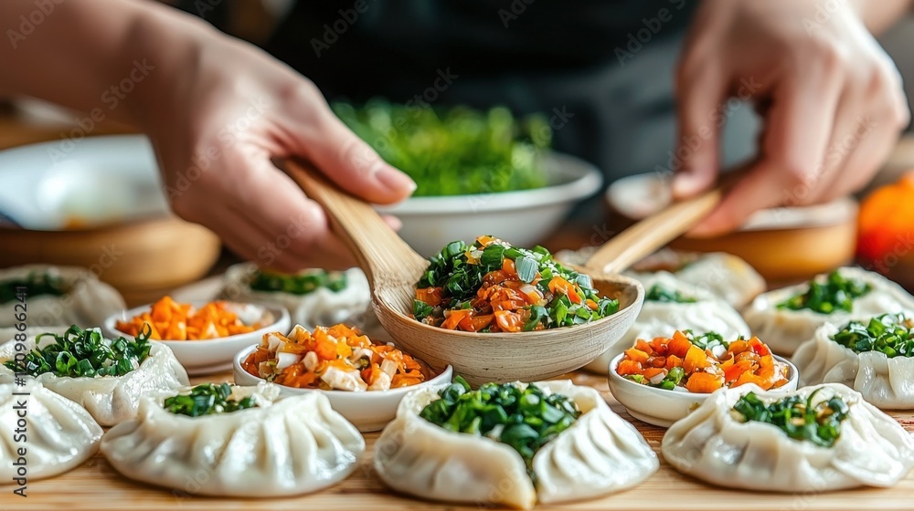 Homemade Asian Dumplings with Fresh Vegetables and Herbs on the Dining Table Homemade Asian Dumplings with Fresh Vegetables and Herbs on the Dining Table