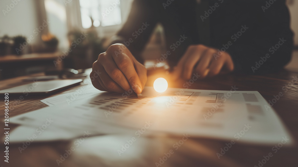 Obraz premium person analyzing financial reports with glowing orb on documents, showcasing creative workplace atmosphere