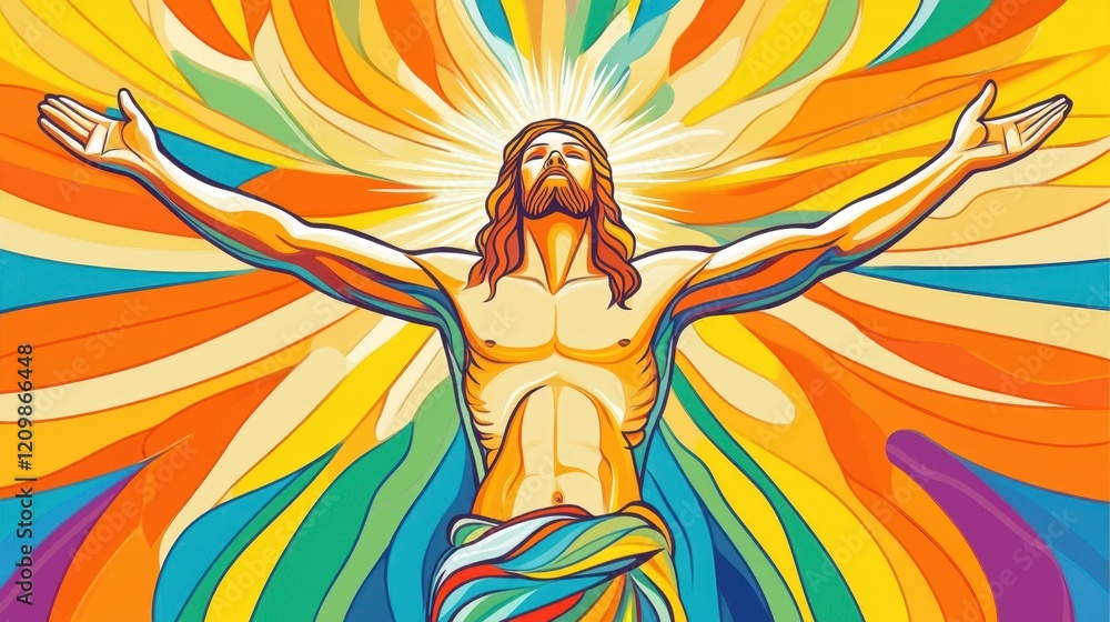 Colorful Abstract Illustration of a Resurrected Figure with Rays Colorful Abstract Illustration of a Resurrected Figure with Rays