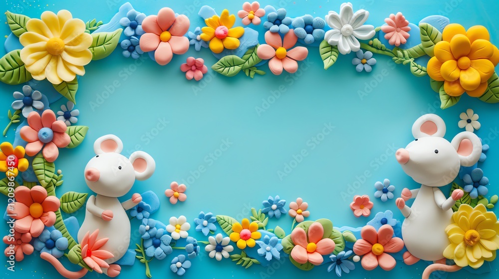 Two white clay mice with flowers and leaves around them on a blue background. Two white clay mice with flowers and leaves around them on a blue background.