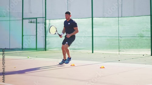 Guy training footwork on tennis court.