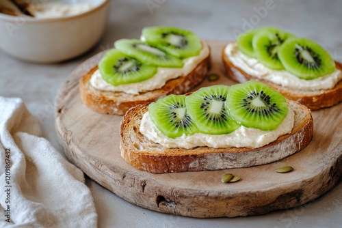 Healthy Kiwi Toast with Cream Cheese on Rustic Bread - Fresh and Nutritious Breakfast Option