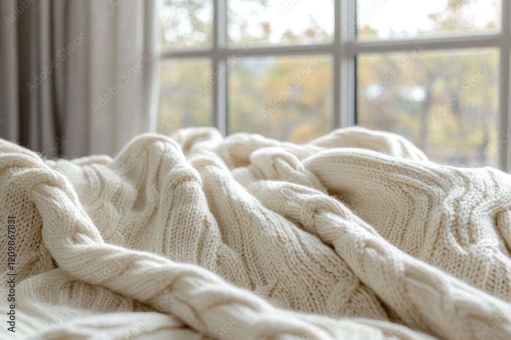 Cream-colored cable knit throw blanket draped on furniture near a window, cozy and inviting. Cream-colored cable knit throw blanket draped on furniture near a window, cozy and inviting.