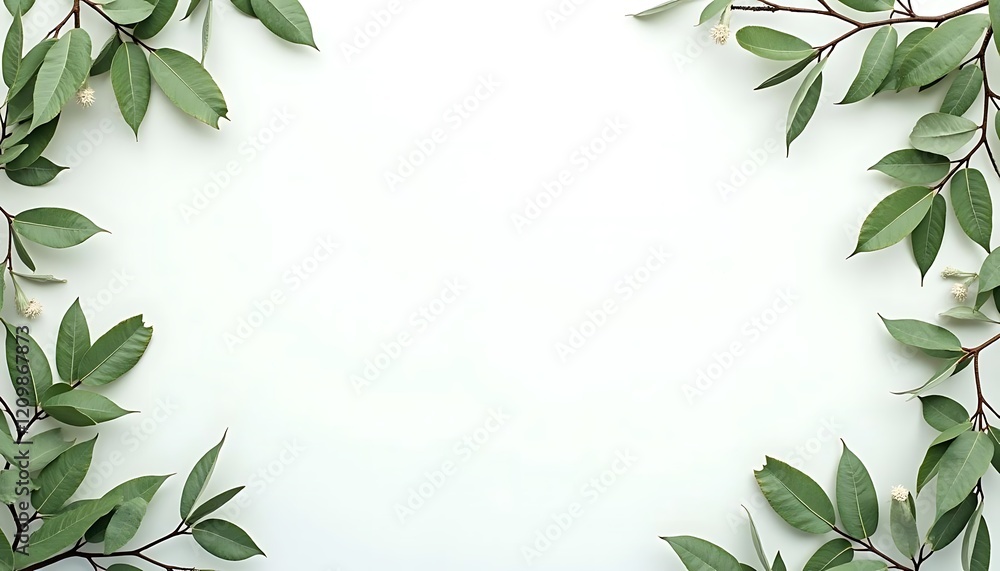 Naklejka premium Green Leaves Frame White Background Nature Photography