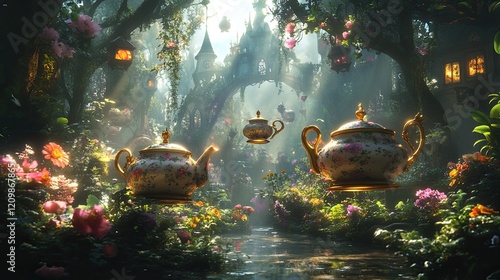 Alice in Wonderland Inspired Scene with Teapots Floating in the Air Amidst Magical Imagery