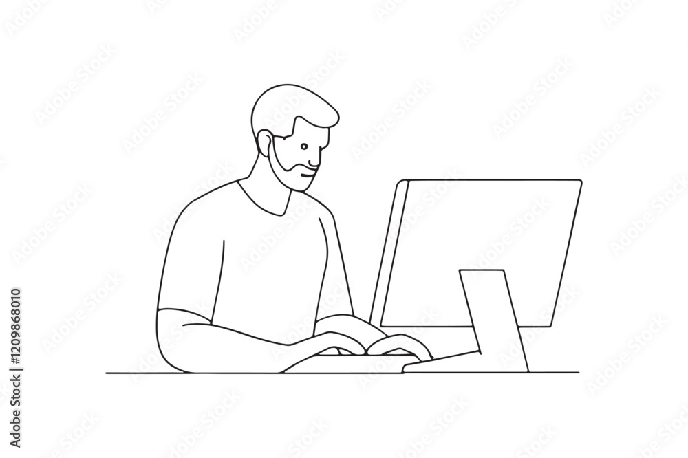 man working on computer, laptop typing drawing line art vector design isolated on white background. minimalistic man with laptop line art design. man working on computer, laptop typing drawing line art vector design isolated on white background. minimalistic man with laptop line art design.