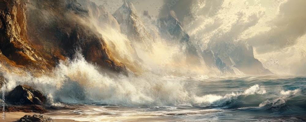 Naklejka premium A rugged coastline with crashing waves, the spray of the sea creating a mist that hangs in the air.