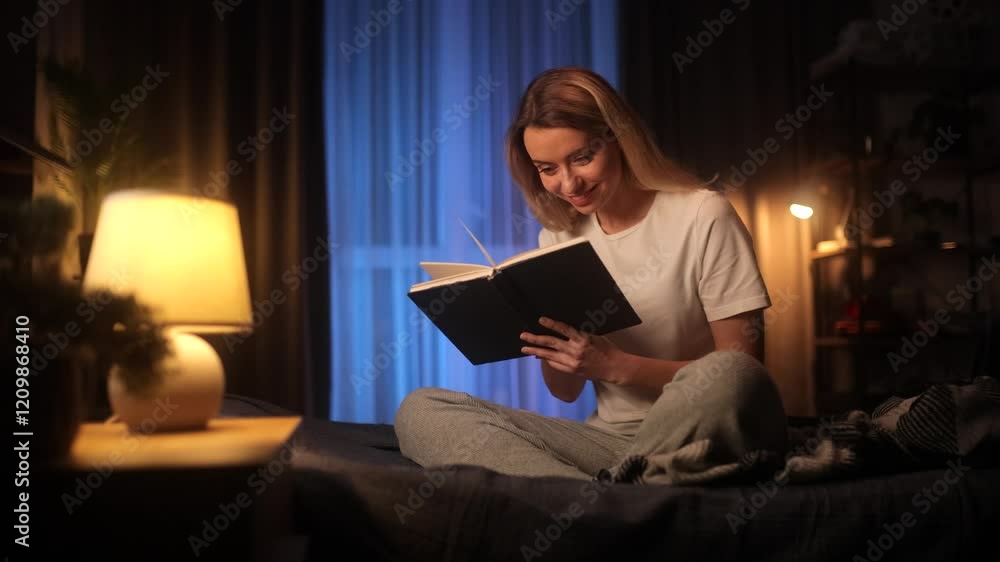 Happy woman opening, reading and relaxing a book on relax time at home. Bedtime and rest concept - happy girl reading book in bed at home at night Happy woman opening, reading and relaxing a book on relax time at home. Bedtime and rest concept - happy girl reading book in bed at home at night