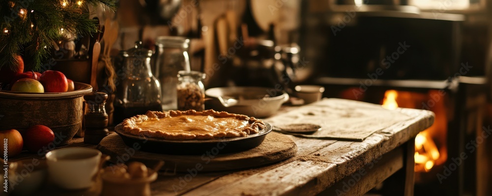 Apple pie baking in a rustic kitchen, warm and inviting. Apple pie baking in a rustic kitchen, warm and inviting.